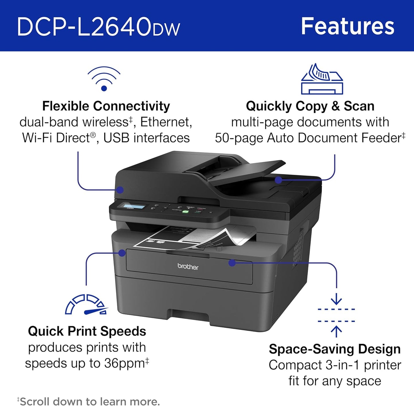 Brother Compact Multifunction Monochrome Laser Printer | DCPL2640DW