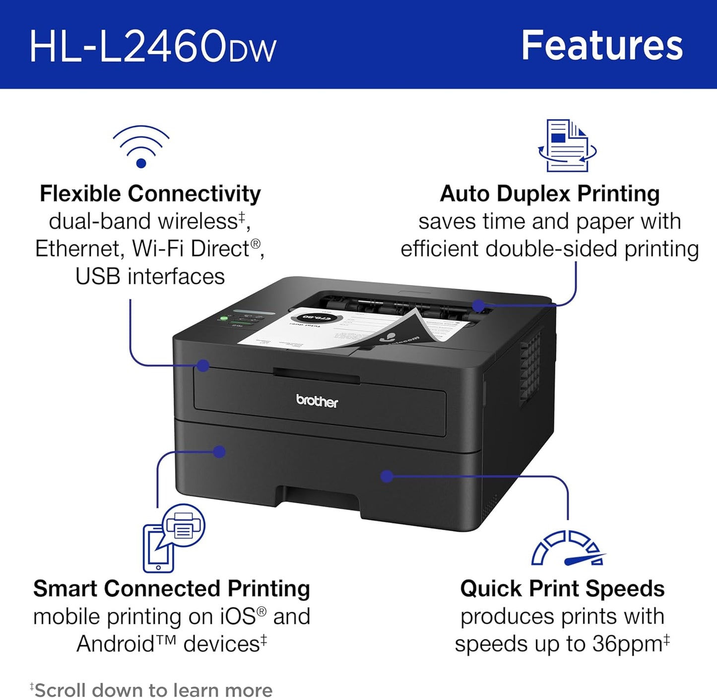 Brother Wireless Compact Monochrome Laser Printer | HLL2460DW