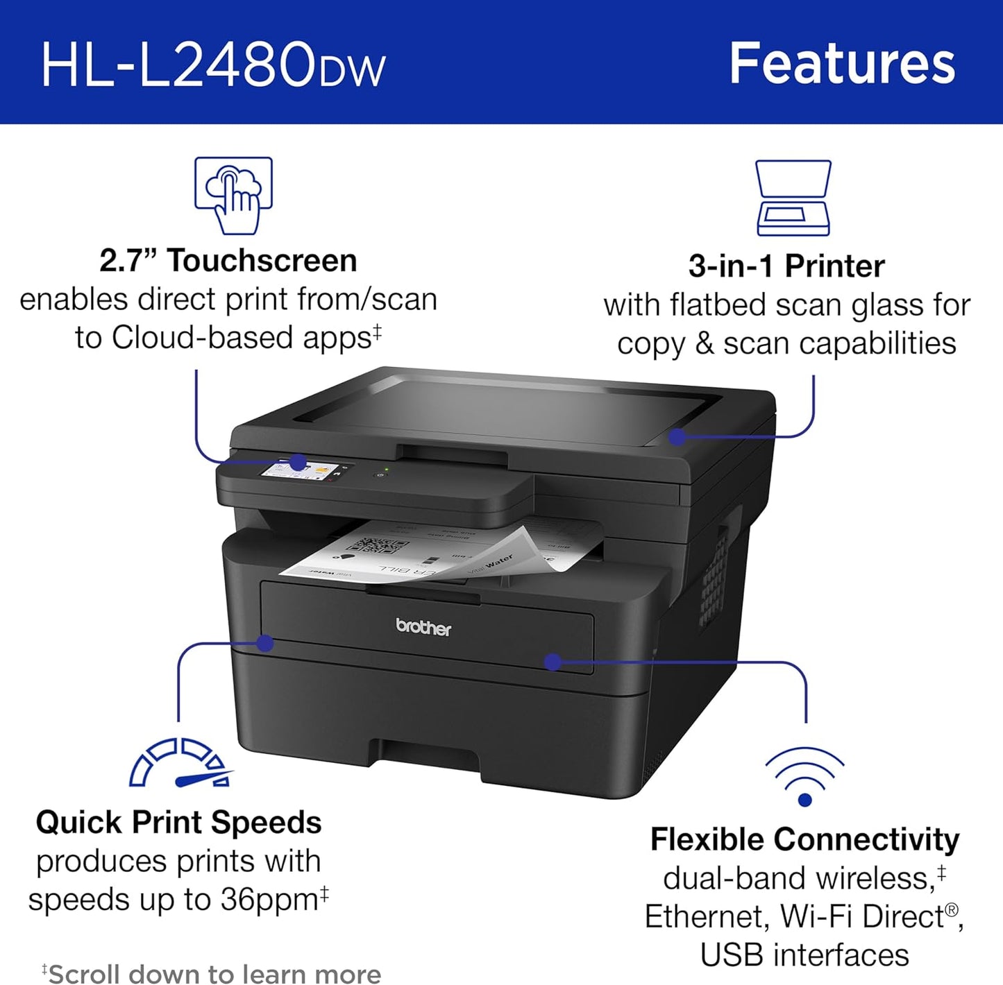 Brother Compact Wireless Monochrome Multifunction Printer | HLL2480DW