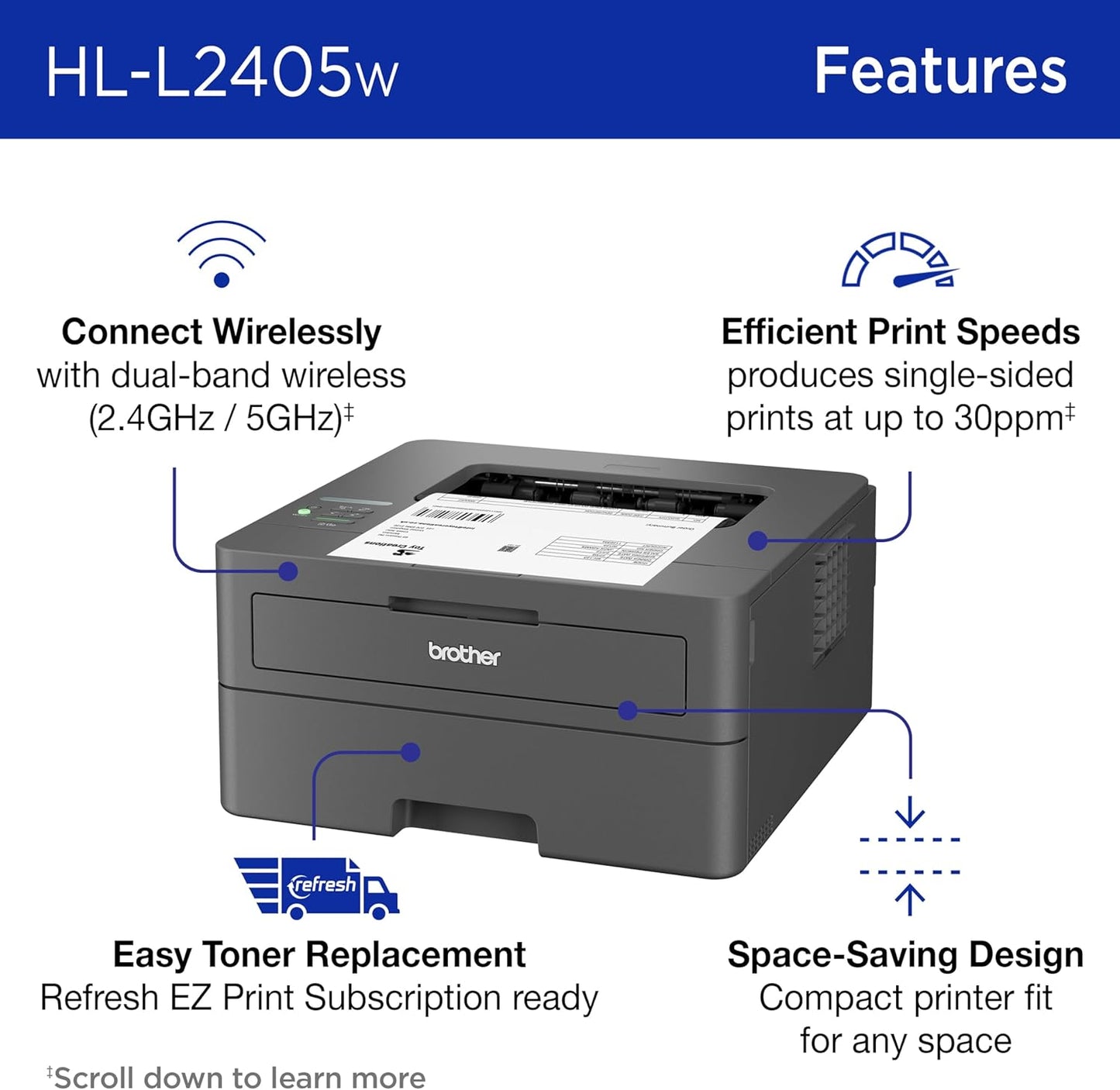 Brother Compact Wireless Monochrome Laser Printer | HLL2405W