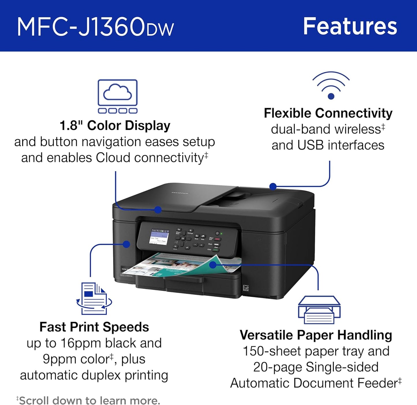Brother Work Smart Wireless Color Inkjet Printer | MFCJ1360DW
